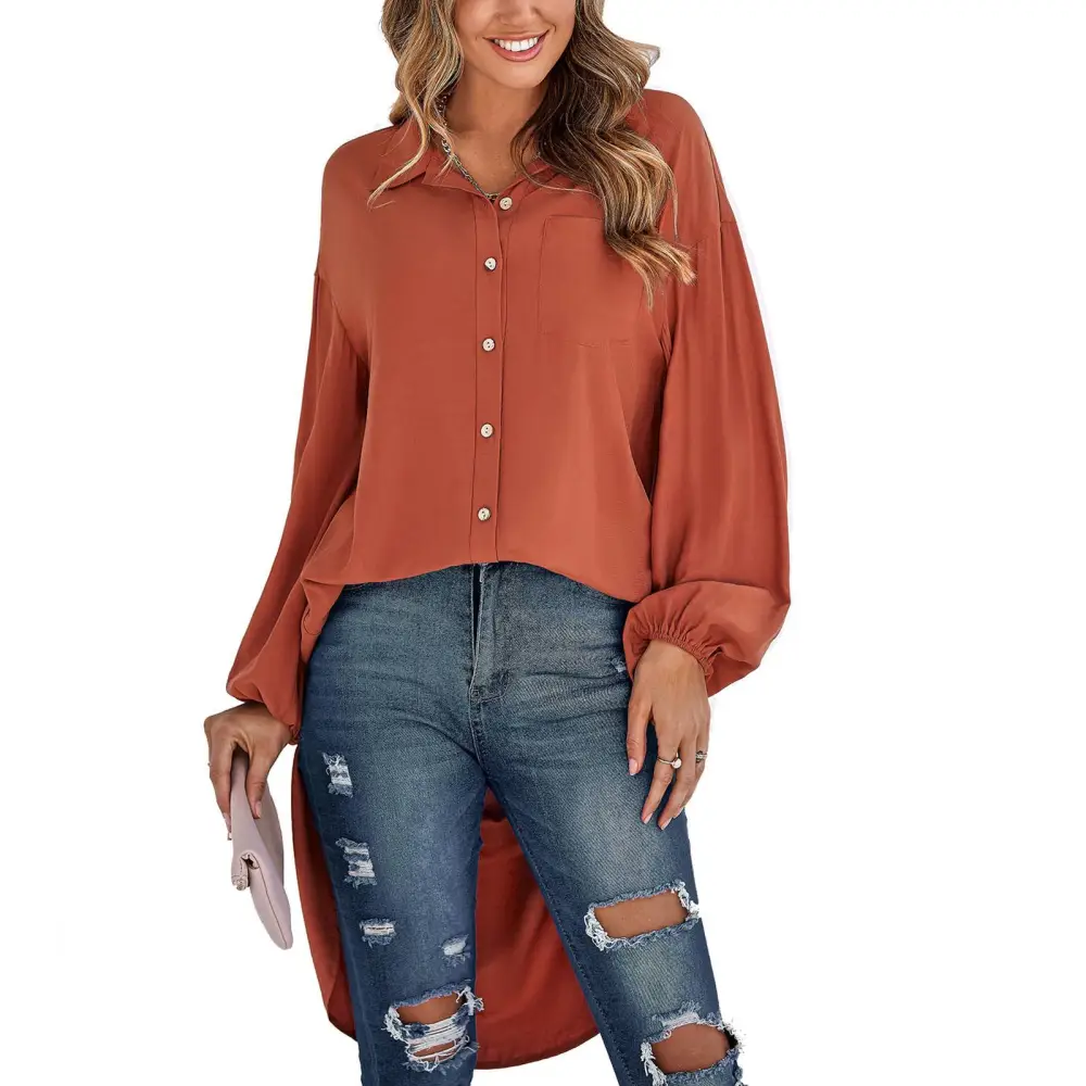 Woman Long Lapel Shirt High Low Button Down Long Sleeve Loose Fit Collared Blouse Red S