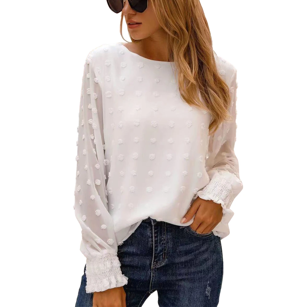 Long Sleeve Blouse Round Neck Loose Fit Soft Breathable Pure Color Women Casual Top for Work Date Shopping White S