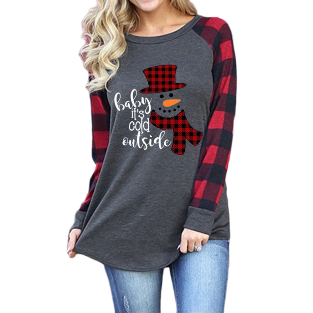 Christmas Snowman Long Sleeve Plaid Top Round Neck Women Plaid Splicing Blouse for Girls Grey Red XXL