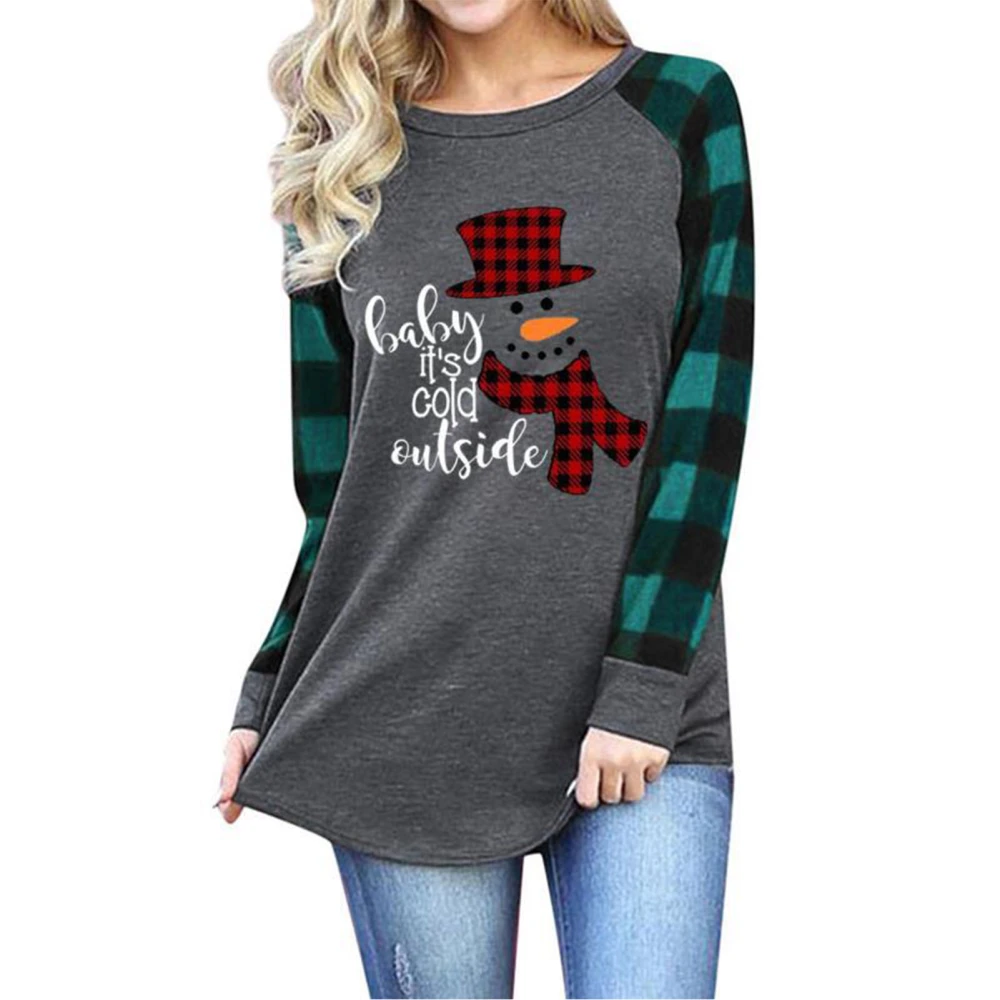 Christmas Snowman Long Sleeve Plaid Top Round Neck Women Plaid Splicing Blouse for Girls Grey Green L