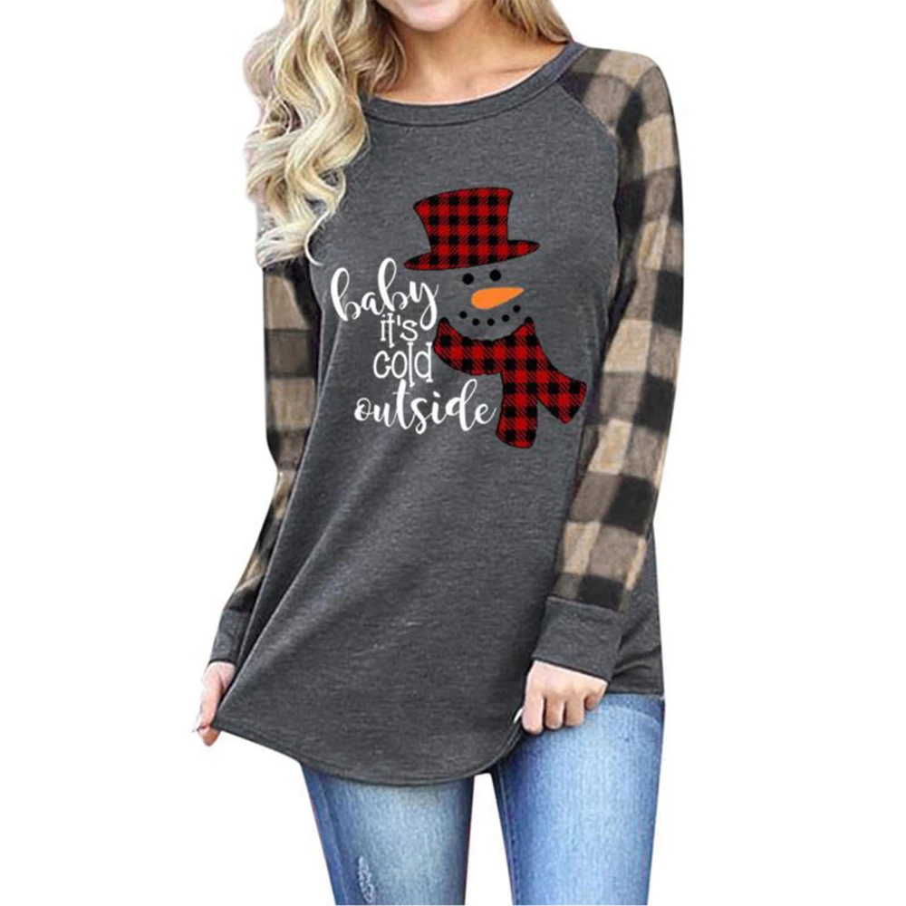 Christmas Snowman Long Sleeve Plaid Top Round Neck Women Plaid Splicing Blouse for Girls Grey Khaki XXL