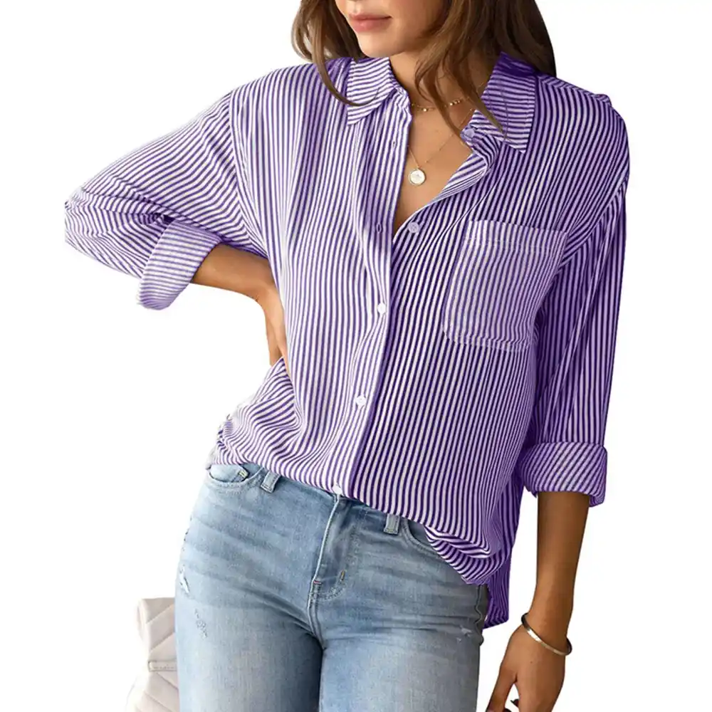 Women Striped Shirt with Button Long Sleeve Lapel Collar Casual Cardigan Blouse for Autumn Purple S