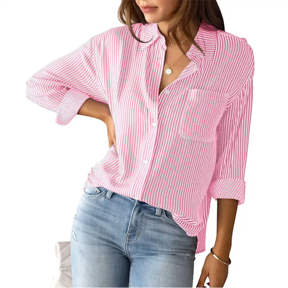 Women Striped Shirt with Button Long Sleeve Lapel Collar Casual Cardigan Blouse for Autumn Pink L