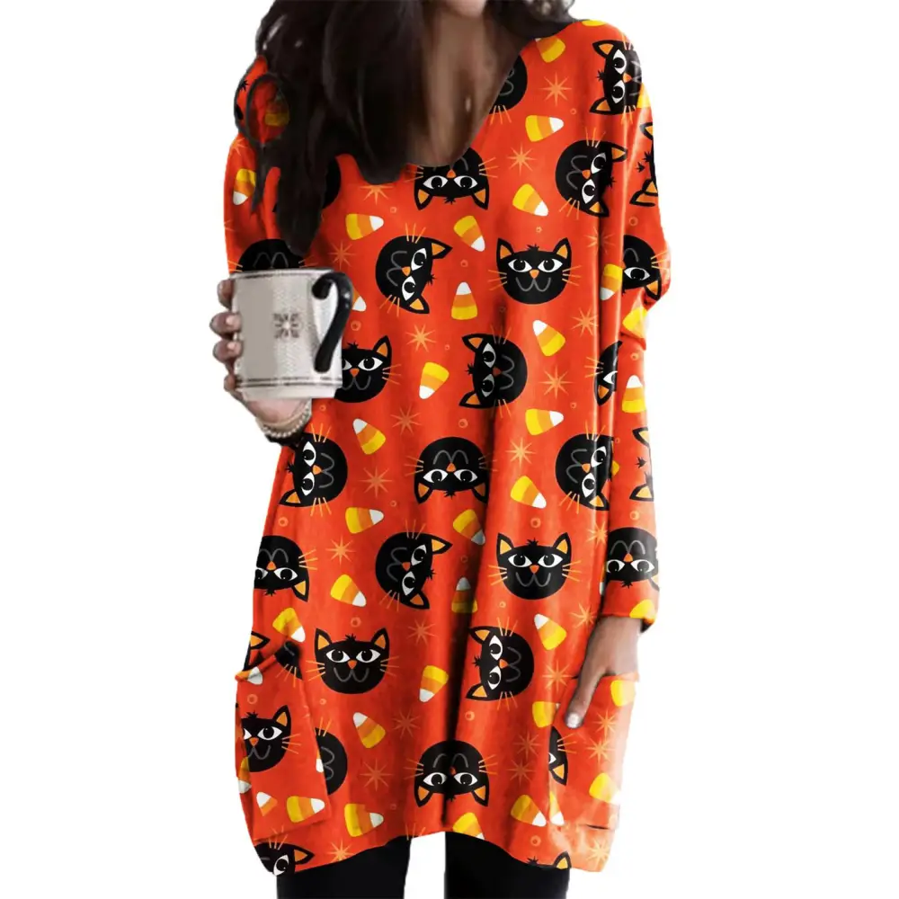 Women Dress One Piece Sleep Skirt Halloween Design Long Sleeve Crew Neck with Large Pockets Type 14 S