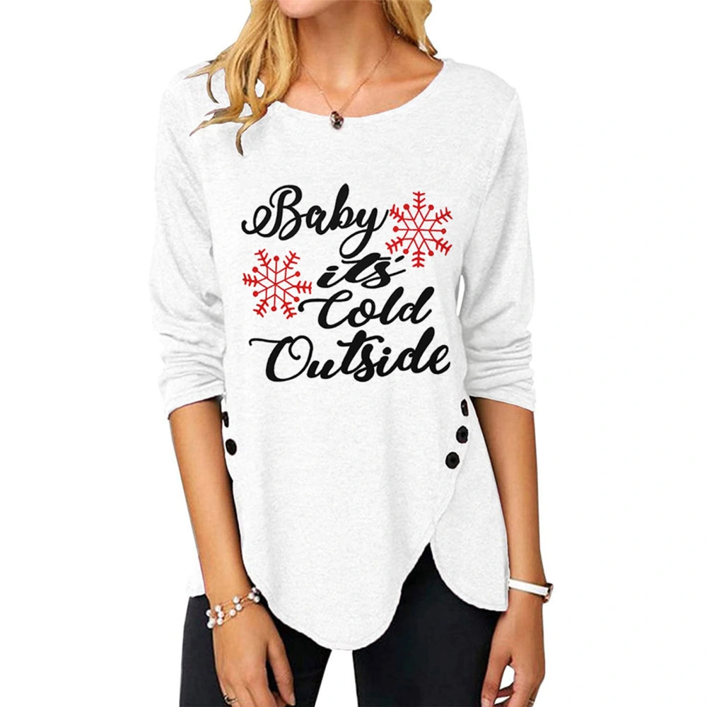 Blouse Print Round Neck Irregular Hem Button Long Sleeve Fashionable Tops for Women White S