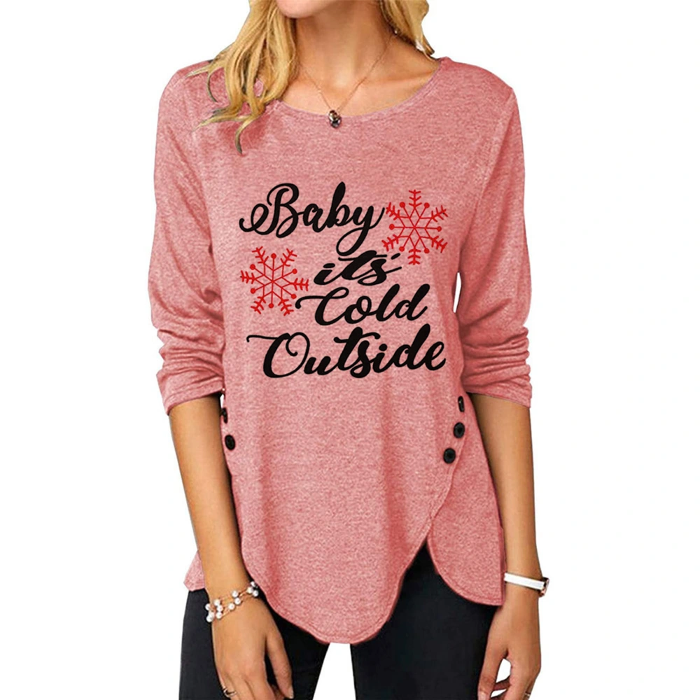 Blouse Print Round Neck Irregular Hem Button Long Sleeve Fashionable Tops for Women Pink XXL