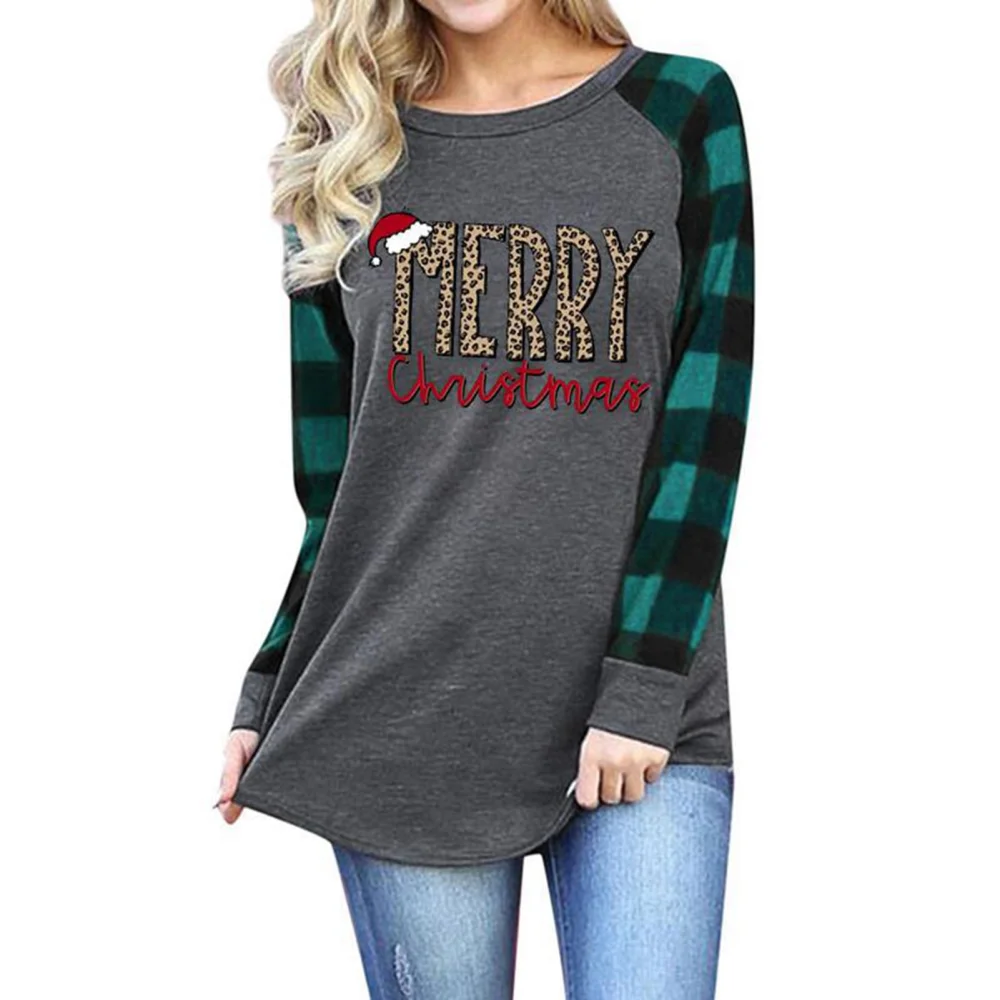 Women Christmas Tee Shirts Crewneck Plaid Long Sleeve Splicing Casual Pullover Holiday Baseball Tops Type 3 M