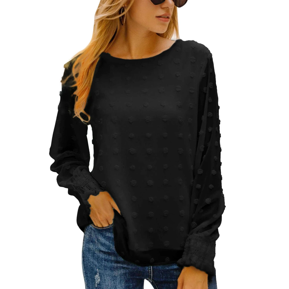 Long Sleeve Blouse Round Neck Loose Fit Soft Breathable Pure Color Women Casual Top for Work Date Shopping Black L