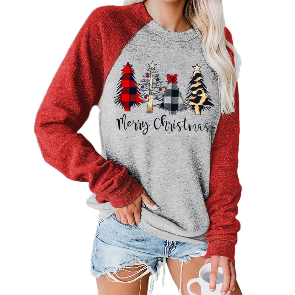 Women Sweatshirt Christmas Print Pattern Color Splicing Round Neck Long Sleeve Hoodie for Daily Red Sleeve M