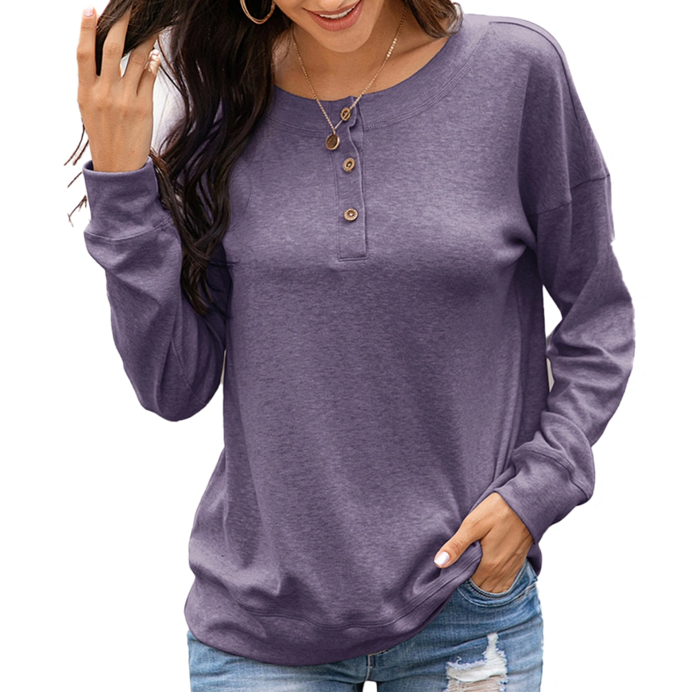 Women Sweatshirt Long Sleeve Crew Neck Button Up Solid Color Loose Pullover Top for Work School Purple L