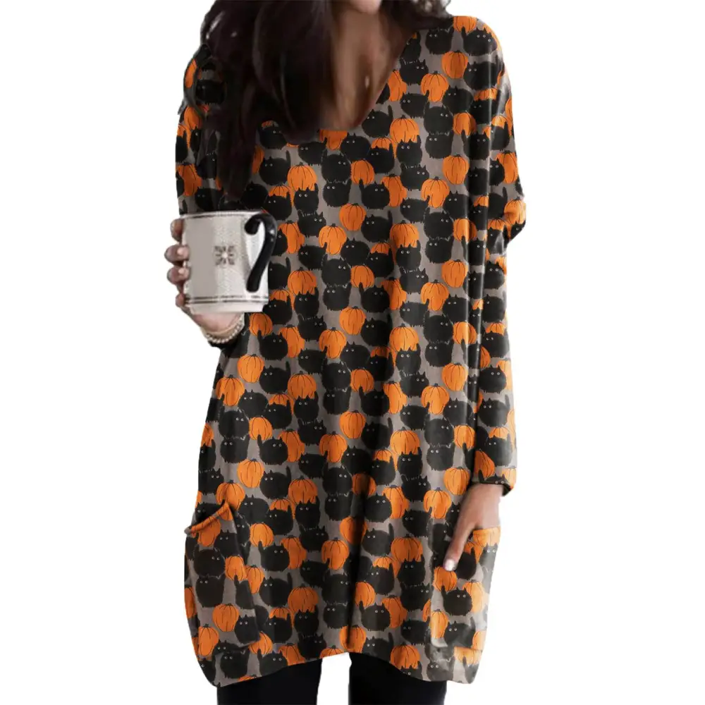 Women Dress One Piece Sleep Skirt Halloween Design Long Sleeve Crew Neck with Large Pockets Type 4 M