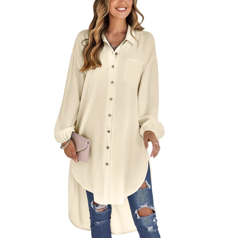 Woman Long Lapel Shirt High Low Button Down Long Sleeve Loose Fit Collared Blouse Apricot XL