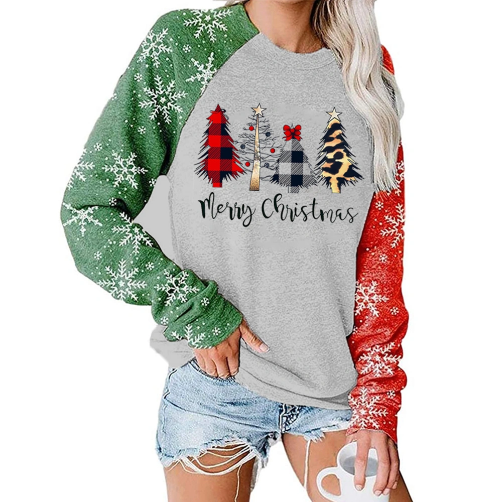 Women Sweatshirt Christmas Print Pattern Color Splicing Round Neck Long Sleeve Hoodie for Daily Snowflake Green Red Sleeve S