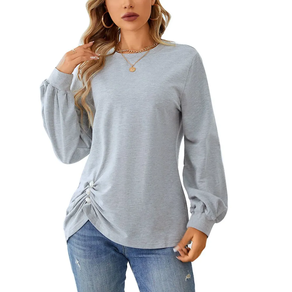 Round Neck Woman T Shirt Long Sleeve Light Gray Fashionable Breathable Hem Ruffle Female Sweatshirt Light Gray S