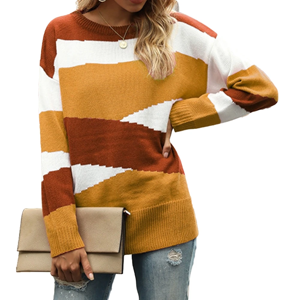 Color Blocking Sweater Polyester Comfortable Breathable Women Patchwork Geometric Pattern Top for Autumn Winter Khaki S