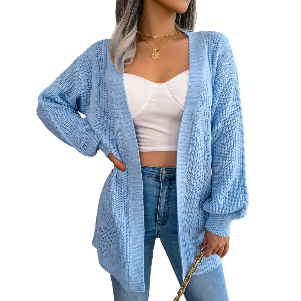 Woman Long Sleeve Sweater Cardigan Long Sleeve Open Front Cable Twist Knit Outwear Blue M