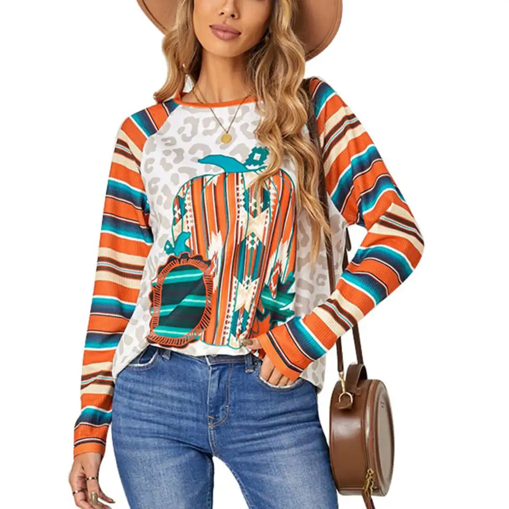 Women Sweatshirt Round Neck Stripe Long Sleeve Halloween Print Casual Pullover Top for Autumn Winter Orange XXL