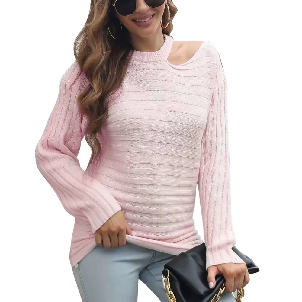 Women Knit Sweater Halter Neck Off Shoulder Long Sleeve Loose Casual Jumper Pullover Tops Pink S