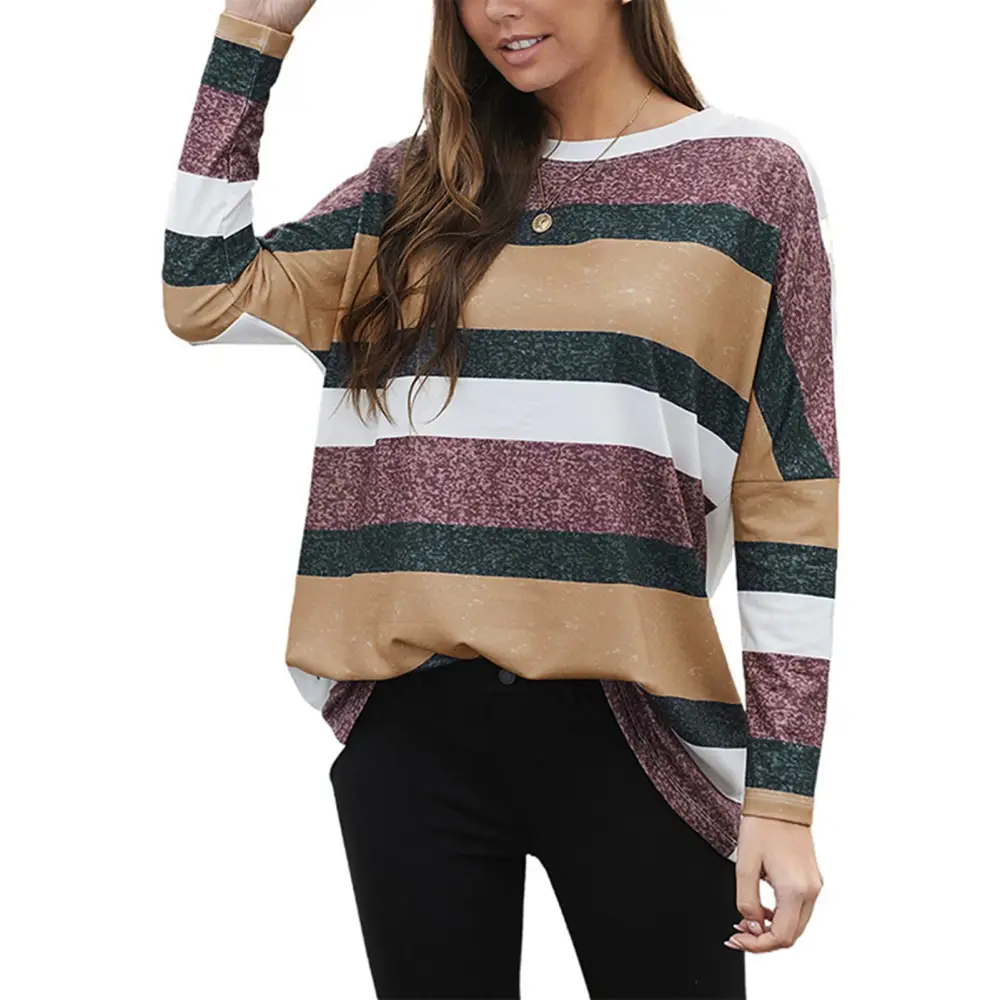 Women Sweatshirt Crew Neck Striped Causal Long Sleeve Pullover Blouse for Everyday Wear White M