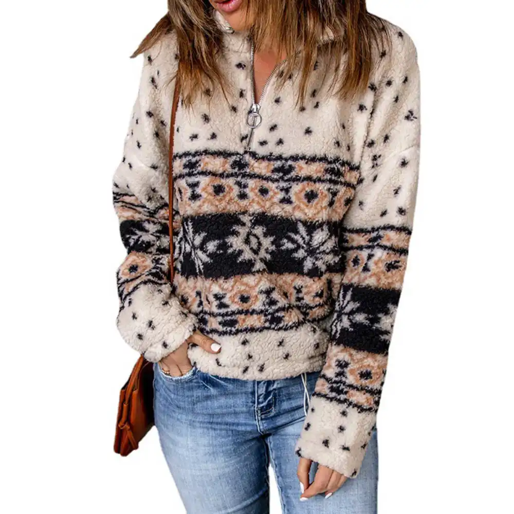 Women Plush Sweatshirt Long Sleeve 1/4 Zipper Dropped Shoulder Autumn Winter Ethnic Print Clash Pullover Sweatshirt Apricot S