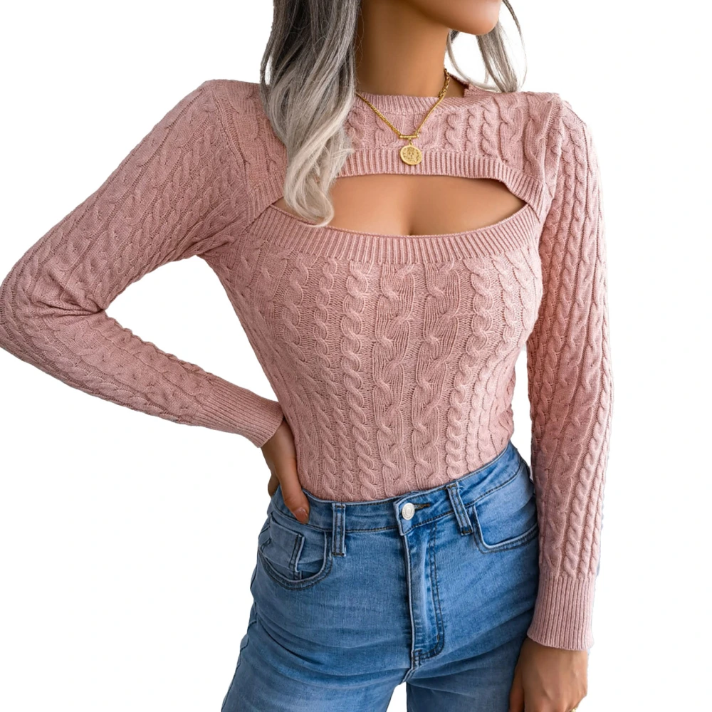 Cutout Front Knit Long Sleeve Crewneck Cutout Pullover Elegant Comfortable Sweater for Women Pink S