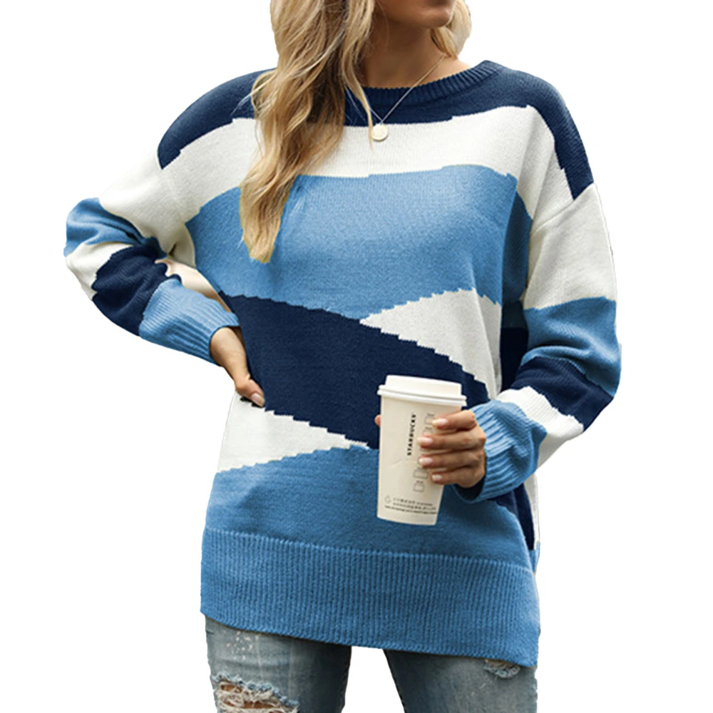 Color Blocking Sweater Polyester Comfortable Breathable Women Patchwork Geometric Pattern Top for Autumn Winter Blue M