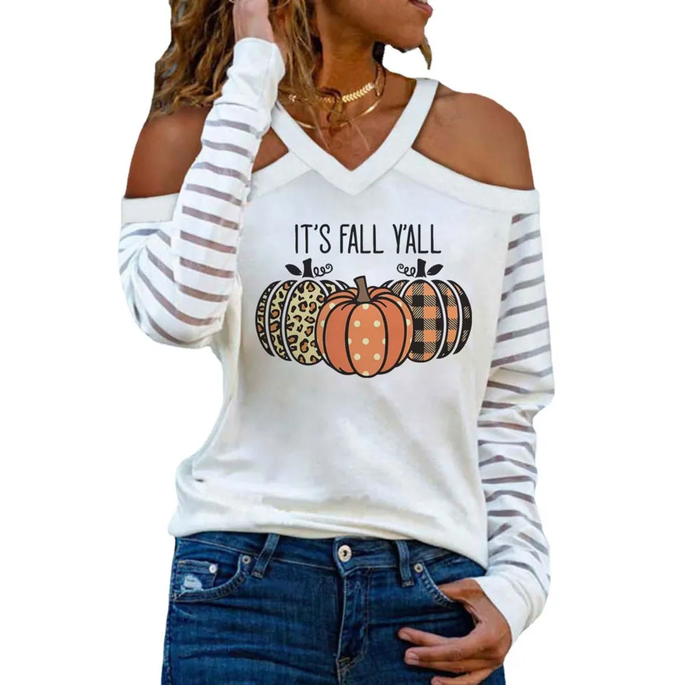 Cold Shoulder Shirt V Neck Pumpkin Print Loose Blouse Long Sleeve Casual Top for Women White M