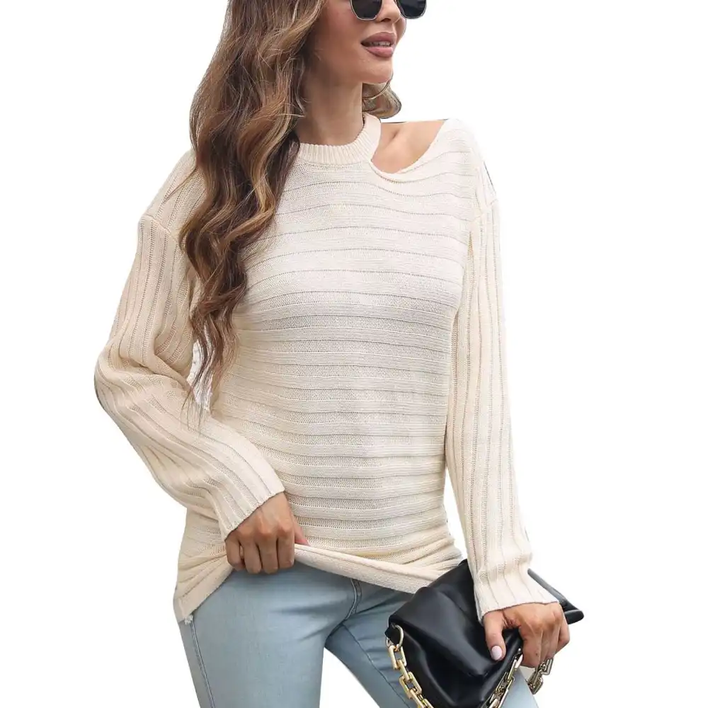 Women Knit Sweater Halter Neck Off Shoulder Long Sleeve Loose Casual Jumper Pullover Tops Apricot S