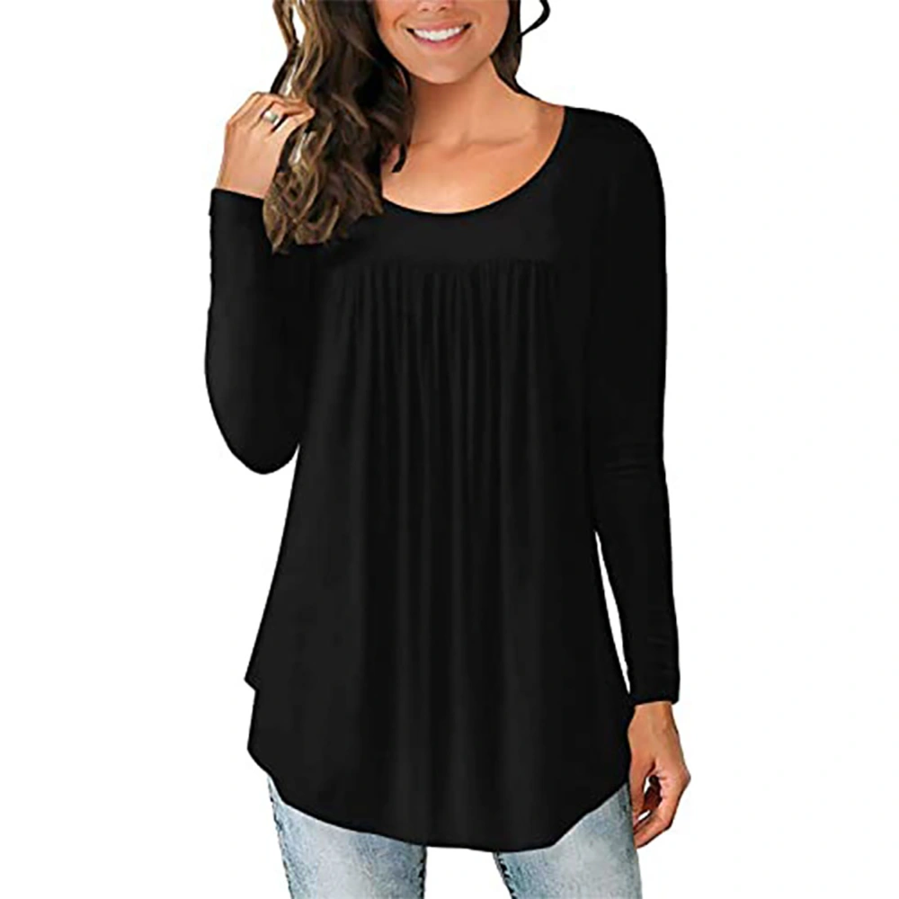 Women Long Sleeve Blouse Round Neck Ruffled Pure Color Breathable Elastic Women Loose Top for Daily Work Party Dating Black M