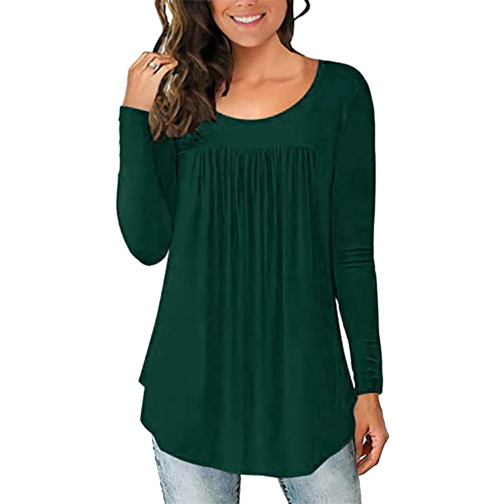 Women Long Sleeve Blouse Round Neck Ruffled Pure Color Breathable Elastic Women Loose Top for Daily Work Party Dating Green XXL