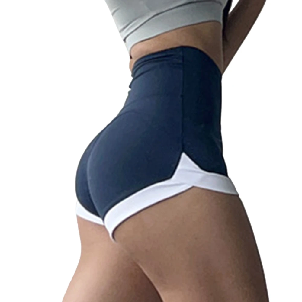 High Waist Workout Shorts Women Elastic Breathable Wrap Hem Colorblock Athletic Yoga Shorts for Running Navy Blue M