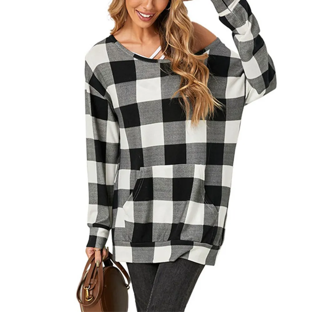 Women Sweatshirt Pullover Plaid Print Crewneck Loose Casual Long Sleeve Fall Top with Pocket for Lady Grey S