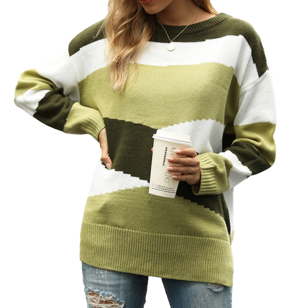 Color Blocking Sweater Polyester Comfortable Breathable Women Patchwork Geometric Pattern Top for Autumn Winter Green XL