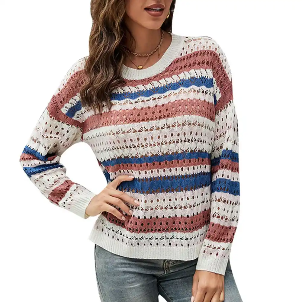 Women Sweater Crew Neck Long Sleeve Contrast Colour Knitted Top Knitwear for Home Office Brick Red S