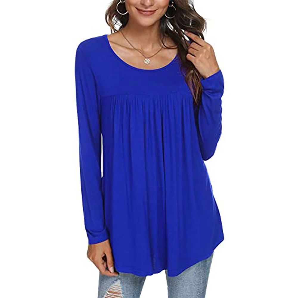 Women Long Sleeve Blouse Round Neck Ruffled Pure Color Breathable Elastic Women Loose Top for Daily Work Party Dating Blue L