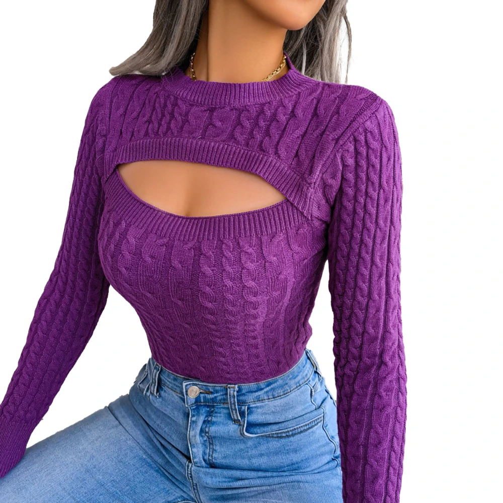 Cutout Front Knit Long Sleeve Crewneck Cutout Pullover Elegant Comfortable Sweater for Women Purple L