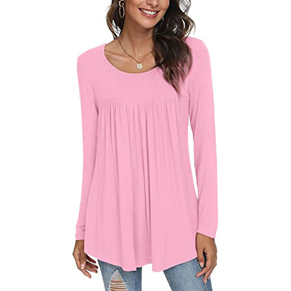 Women Long Sleeve Blouse Round Neck Ruffled Pure Color Breathable Elastic Women Loose Top for Daily Work Party Dating Pink L