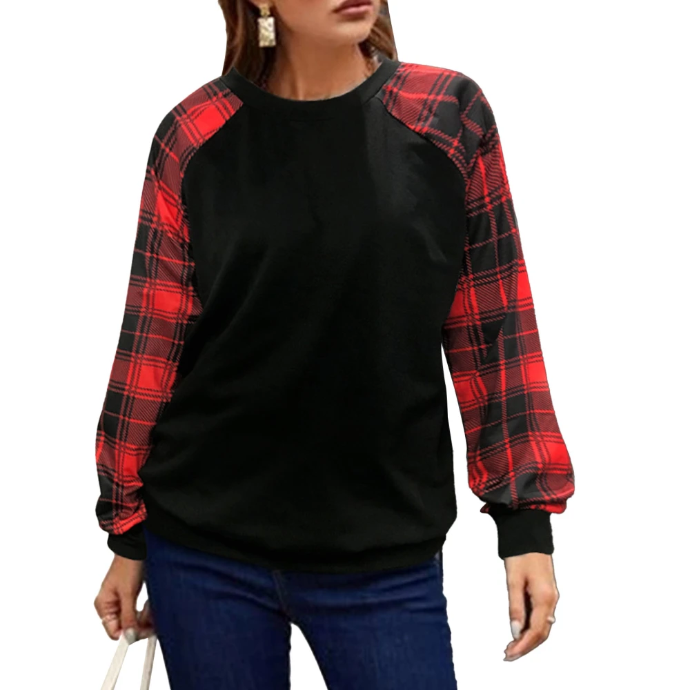 Women Autumn Casual Shirt Crewneck Printed Long Sleeves Stitching Design Women Pullover Sweatshirt Top Red XL