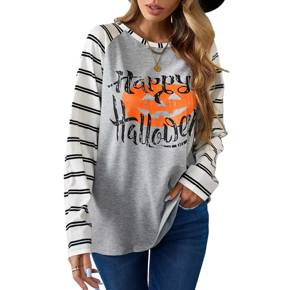 Women Sweatshirt Round Neck Stripe Long Sleeve Halloween Print Casual Pullover Top for Autumn Winter Gray S