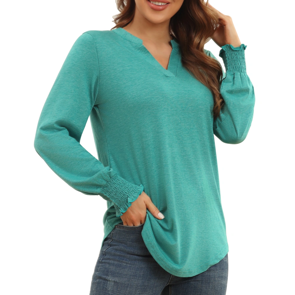 Women Notch V Neck Top Shirred Long Sleeve Fashionable Casual Loose Shirt for Dating Office Olive Green XL