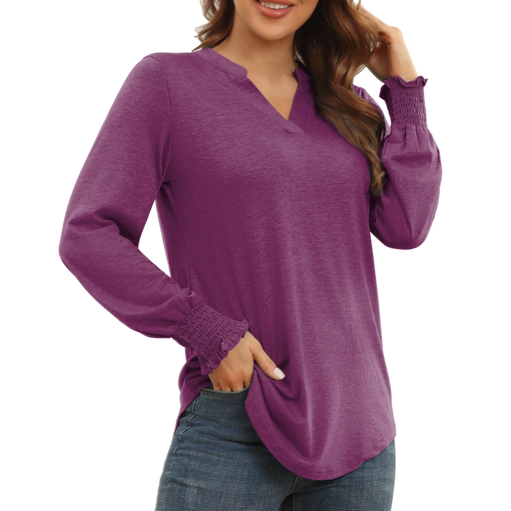 Women Notch V Neck Top Shirred Long Sleeve Fashionable Casual Loose Shirt for Dating Office Purple Red S