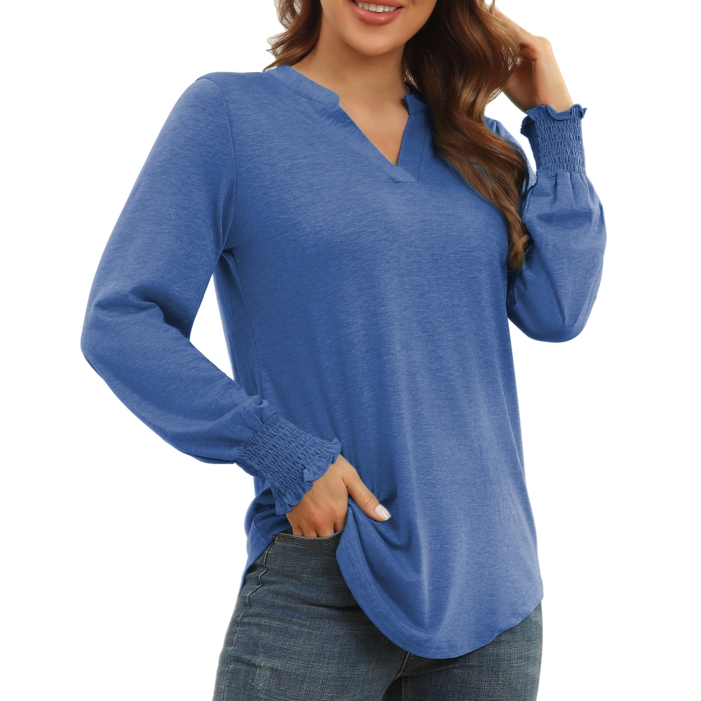 Women Notch V Neck Top Shirred Long Sleeve Fashionable Casual Loose Shirt for Dating Office Blue S