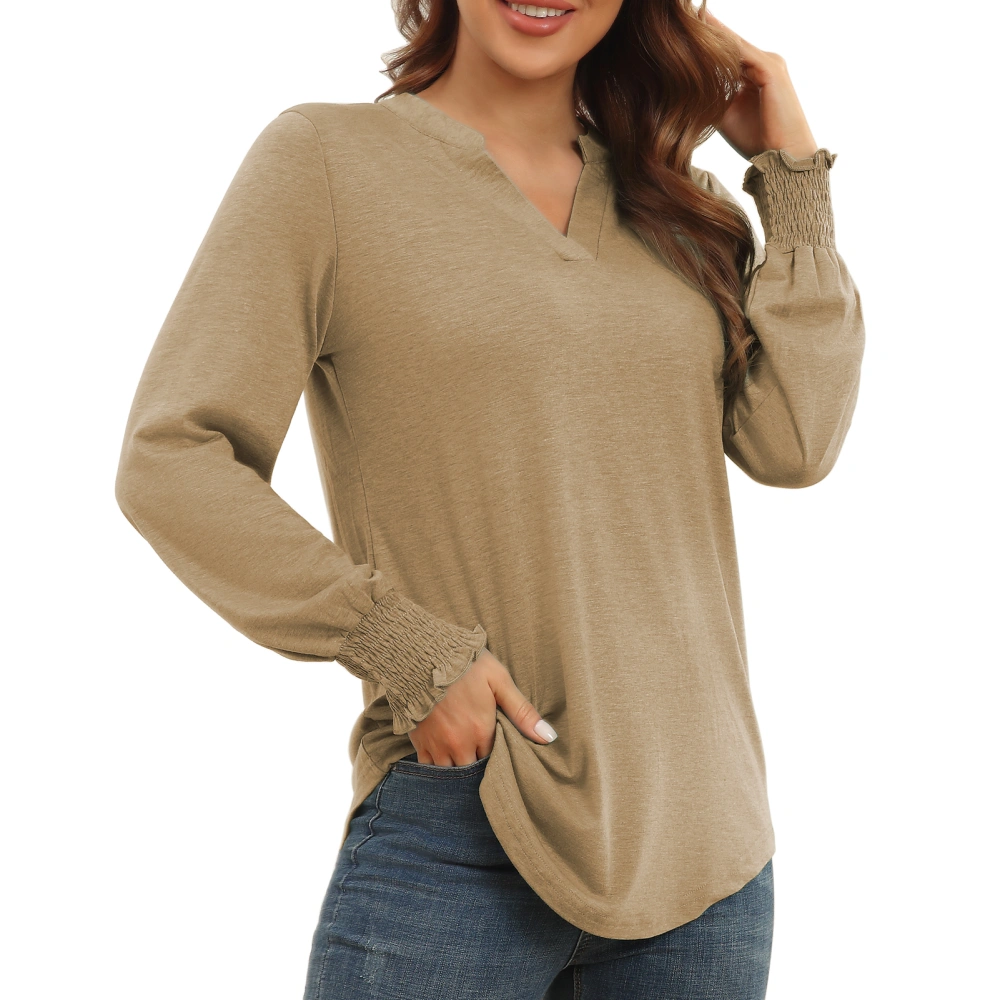 Women Notch V Neck Top Shirred Long Sleeve Fashionable Casual Loose Shirt for Dating Office Apricot L