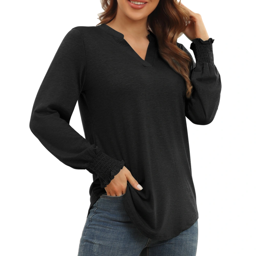 Women Notch V Neck Top Shirred Long Sleeve Fashionable Casual Loose Shirt for Dating Office Black S