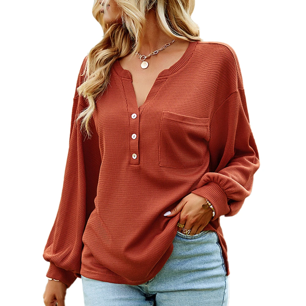 Women Long Sleeve V Neck Shirt Fashionable Casual Button Down Side Split Women Knitted Loose Tops for Fall Winter Orange S