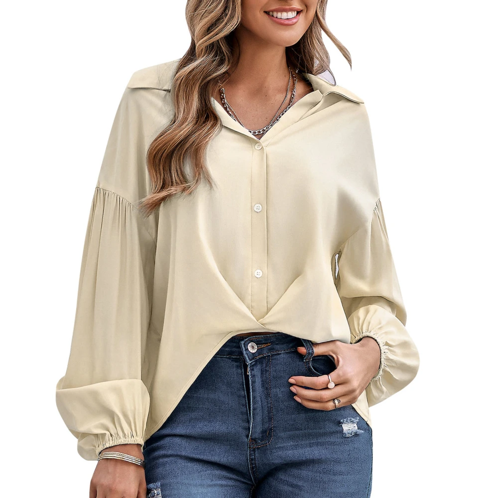 Long Sleeve Blouse Lapel Collar Button Down Crossed Hem Pure Color Loose Fit Women Shirt Top for Daily Work Travel Apricot XL