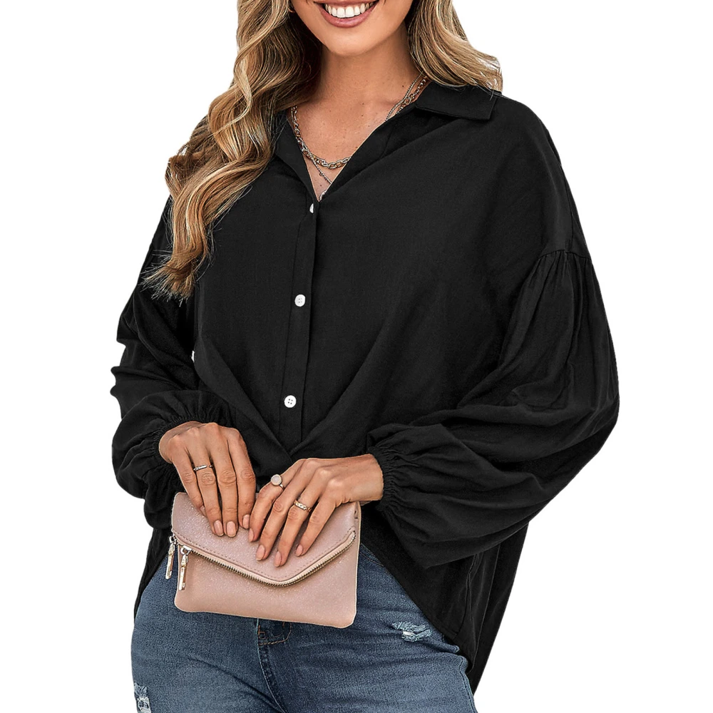 Long Sleeve Blouse Lapel Collar Button Down Crossed Hem Pure Color Loose Fit Women Shirt Top for Daily Work Travel Black L