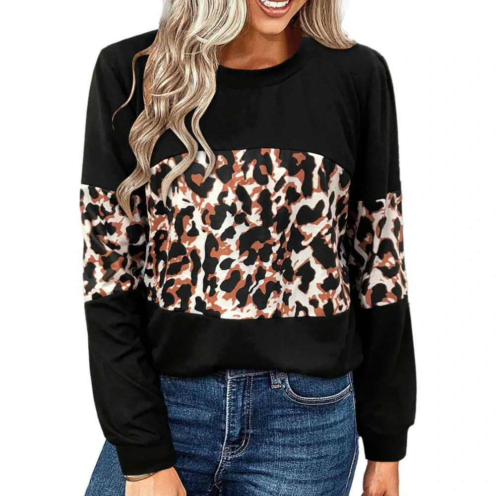 Leopard Print Top Crewneck Neck Long Sleeve Casual Color Block Blouse Sweatshirts Black XXL