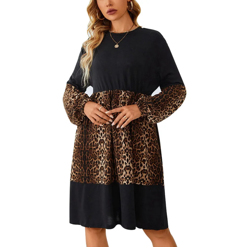 Women Dress Round Neck High Waist Lantern Long Sleeves Leopard Print Casual Dress for Lady Black S