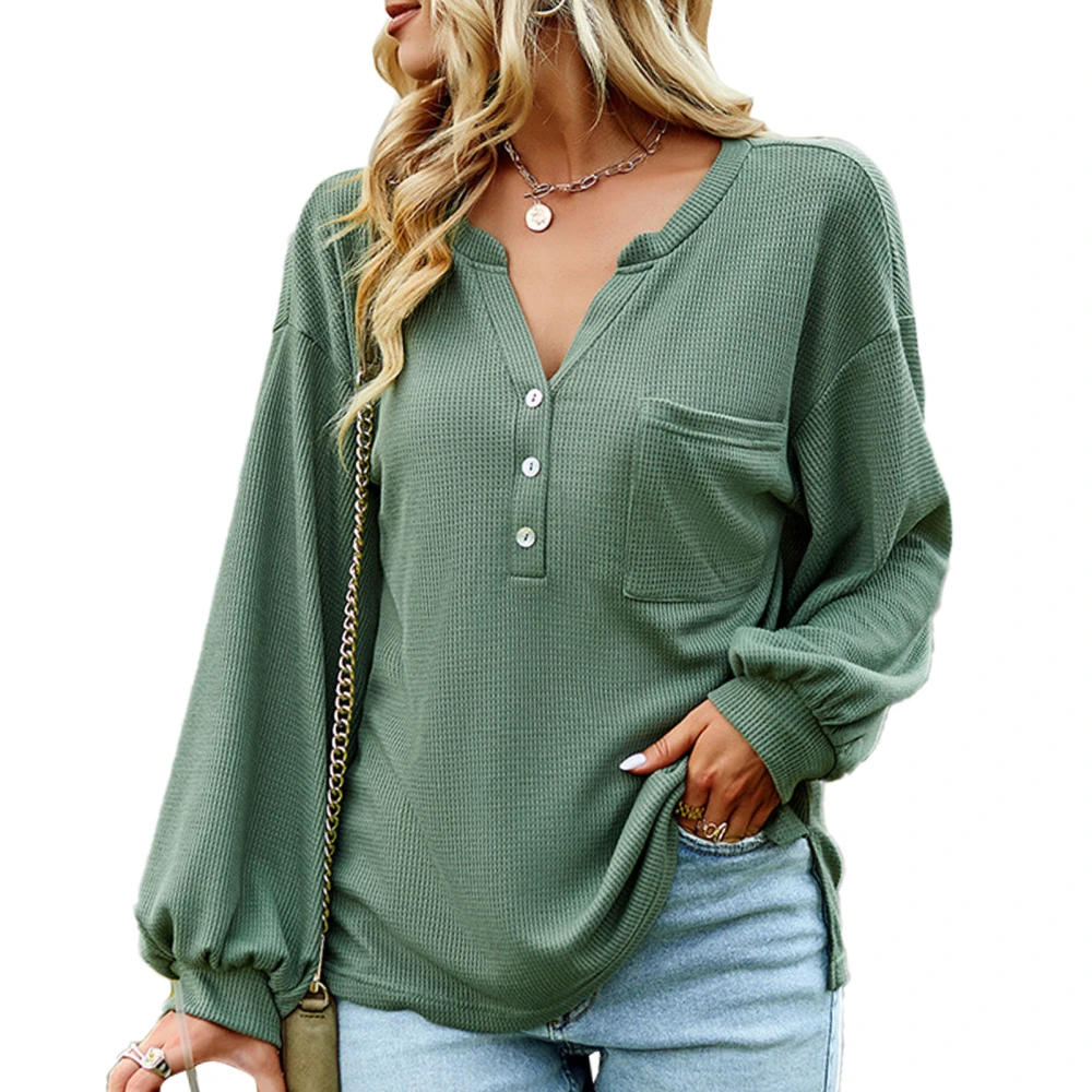 Women Long Sleeve V Neck Shirt Fashionable Casual Button Down Side Split Women Knitted Loose Tops for Fall Winter Green M